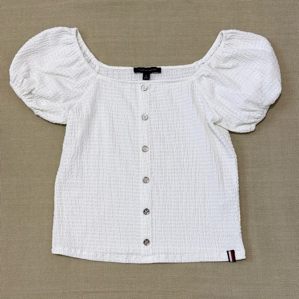 Women's Tommy Hilfiger on/off shoulder top, puffy sleeves, silver buttons Sz. M